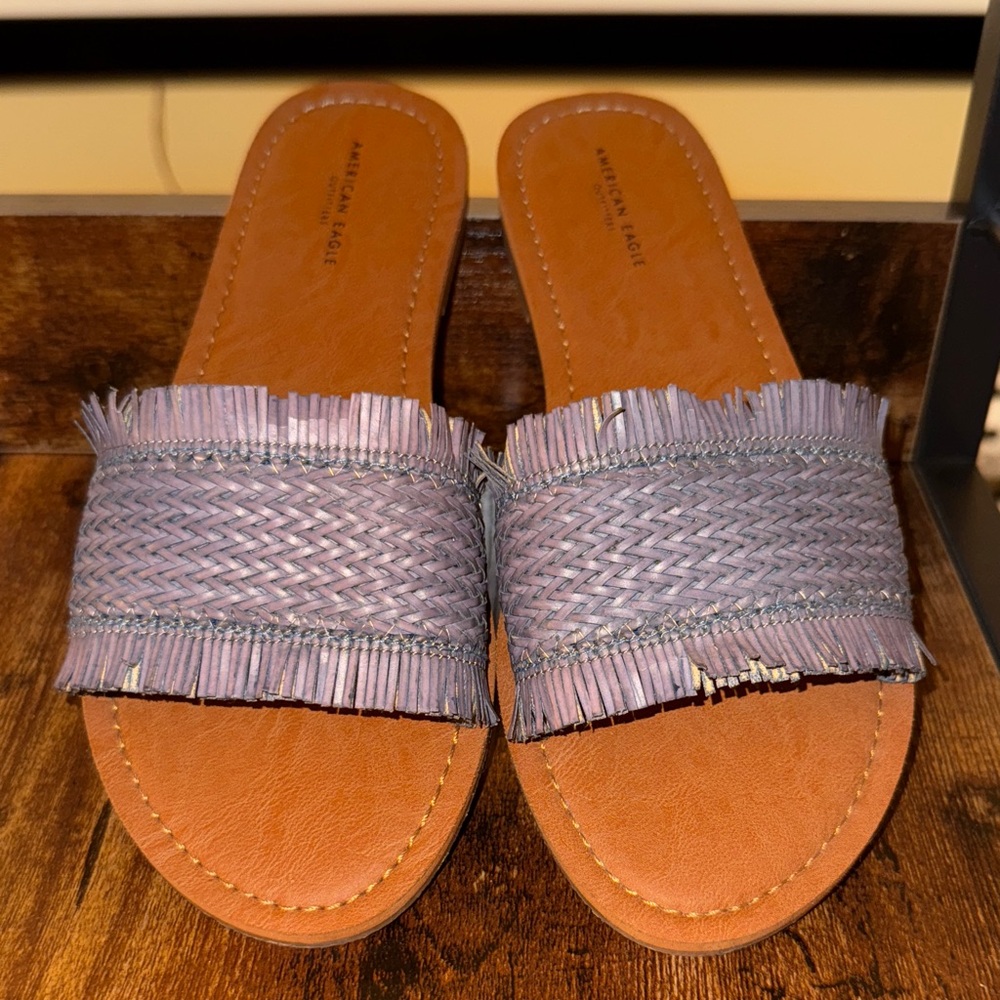 American Eagle Lavender Fringe Slide Sandals | Boho Flat Slides | Size 8